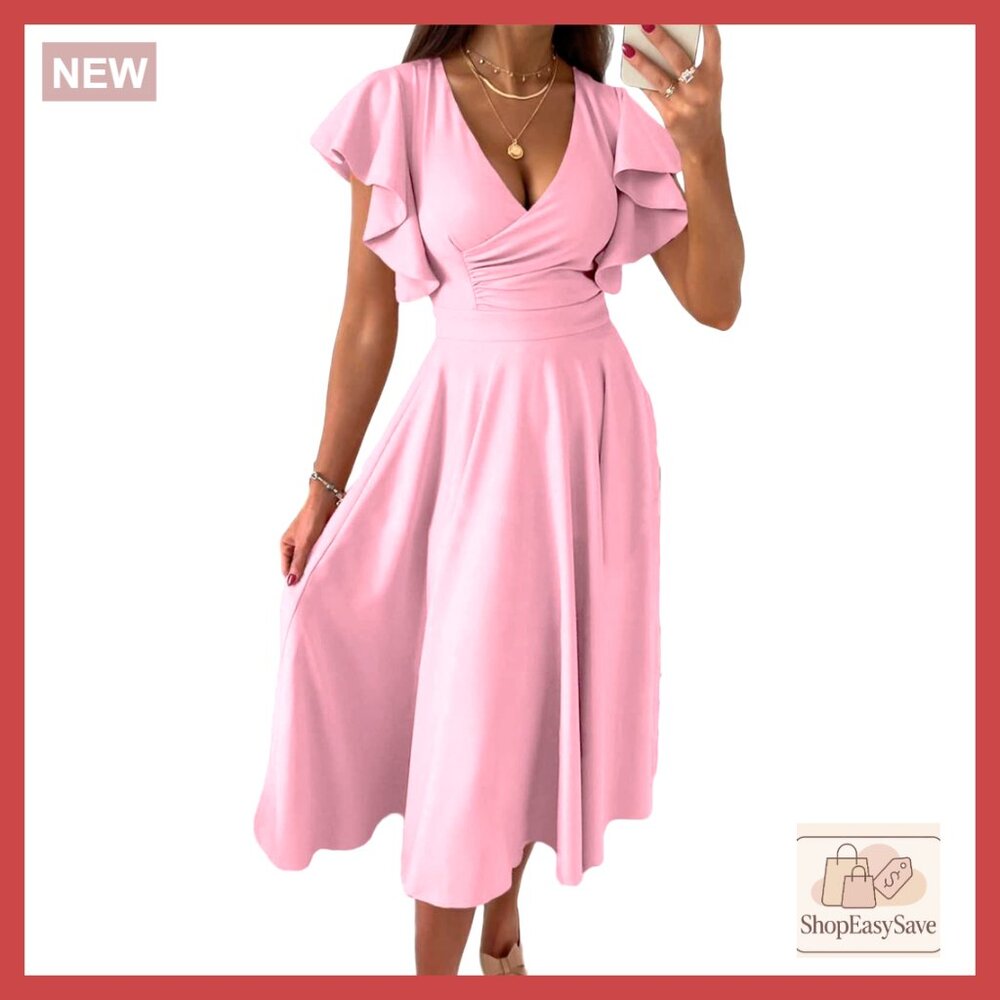 V Neck Skater Dress Elegant Party Wear Short Sleeve Midi Wedding Guest